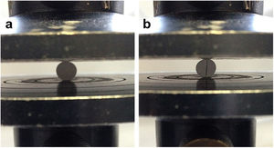 Mounting for diametric compression test (a). Characteristic fracture to validate the test (b).