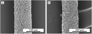SEM images of a typical fibre deposited by NFE UV-assisted DIW (a) before and (b) after sintering.