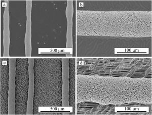 SEM images of fibres deposited on (a, b) copper and (c, d) PTFE.