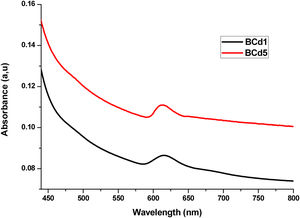 UV-Vis-NIR optical absorption spectra of Li2B4O7 samples doped with CdN2O6. Sample BCd1 is the glass doped with 1wt% of CdN2O6, sample BCd5 is the glass with 5wt% of CdN2O6.