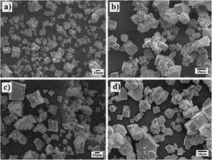 FE-SEM micrographs of powders remaining after the hydrothermal treatment carried at 240°C, for different intervals of reaction: (a,b) 3h and (c,d) 48h, respectively. The treatments were conducted using the pasty (Zr(OH)4·9.64H2O) Zr-gel (a,c) and dried Zr(OH)4 (b,d) precursors.