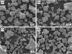 Reaction products FE-SEM micrographs hydrothermally produced for long term experiments for 96h reaction interval at 150°C (a,b) and 240°C (c,d). The particles (a,c) were prepared with the pasty Zr-gel and the particles (b,d) were produced using the dried Zr(OH)4, respectively.