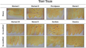 Test tiles organised according to historical recipe and variant.