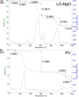 TG/DTG analysis. TG (Weight) and DTG (Deriv.Weight) signals of the thermal decomposition of raw materials LG-MgO (a) and PV (b). (Colour in print and web).