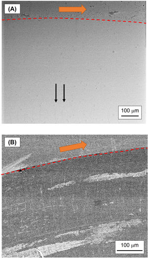 Low-magnification SEM images representative of the wear damage in LS2 and ZLS glass-ceramics: (A) LS2 HT; (B) ZLS HT (as-received). Broken red lines mark the edge of the wear track and orange arrows indicate the sliding direction. Black arrows in (A) highlight partial cone-cracks. The surface of the specimens was not metallized prior to SEM observation.