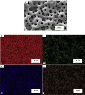 Typical element mapping by EDS of as-cast CP-Ti sample coating by PEO. (a) SEM of CP-Ti. (b)–(e) map distribution of Ti, Mg, Ca and P elements.