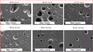 Microstructure image of (a) STD+%1ZS, (b) STD+%2ZS, (c) STD+%4ZS, (d) STD+%1TiO2, (e) STD+%2TiO2, (f) STD+%4TiO2.