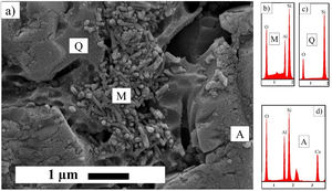 (a) Microstructure of standard porcelain tile and EDX analysis of (b) mullite, (c) quartz and (d) anorthite.