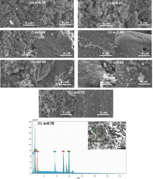 SEM images of the La0.7−xPrxCa0.3MnO3 perovskites before and after the sintering process at 1000°C, (a) 0.35, (b) 0.42, (c) 0.49, (d) 0.53, (e) 0.56, (f) 0.63 and (g) 0.70. (h) Selected EDS spectra of the perovskites with a composition x=0.70. Images within the graph display the SEM images indicating the selected area for EDS analysis.