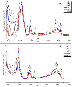 Low and high frequency FTIR analysis of the different mixtures prepared for 7 days and 21 days.