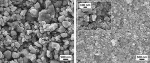 SEM micrographs of the (a) MICRO and (b) NANO ferrite starting powders.