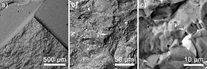 Typical example of the fracture surface of CNB specimen with increasing magnification from left to right.
