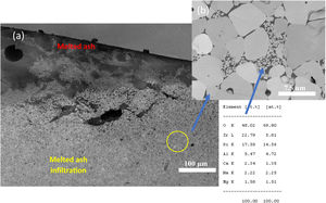 SEM analysis in a cross-section view of sintered 7YSZ coupon after treatment at 1350°C of temperature with B volcanic ash: (a) micrograph and (b) close-up infiltration zone and EDS quantitative analysis respectively.