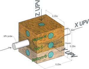 Distribution of location of sensors for UPV and A-type specimens.