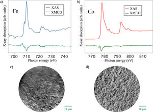 (a) and (b) XAS and XMCD spectra in the regions of the Fe and Co L2,3 absorption edges, respectively, of the Co/BFO structure. (c) and (d) XMCD images at the Fe and Co L3 absorption edges, photon energies of 709.4eV and 778.5eV, respectively. The maximum asymmetry between white and black domains in (c) amounts to 0.69.