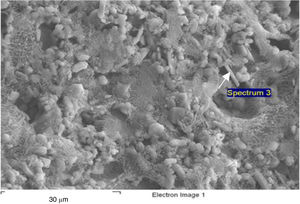 SEM images of corundum formation with marking of spectrum 3.