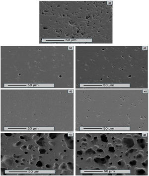 Microstructure images showing the surfaces of the samples after firing (a) STD, (b) A1, (c) A2, (d) A3, (e) A4, (f) A5) and (g) A6 samples.