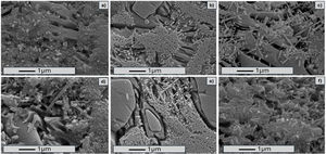 Microstructure images of the samples after firing: (a) sample A1, (b) sample A2, (c) sample A3, (d) sample A4, (e) sample A5, and (f) sample A6.