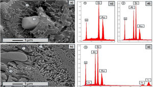 SEM images of (a) the STD sample, (b) the A3 sample, and EDX analysis of the crystals labeled as (c) 1, (d) 2, and (e) 3.