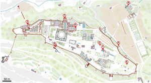 Map of the Alhambra and Generalife Monument (Granada, Spain) with the original location of the studied glazed ceramics; site 1: Bath of the Monastery of San Francisco (archaeological site); site 2: Garden of the Monastery of San Francisco (archaeological site), site 3: Gate of the Arms; site 4: Generalife; site 5: Tower of the Captive; site 6: City of the Alhambra (Medina); site 7: Hall of the Kings at the Lion Palace, site 8: Gate of Justice.