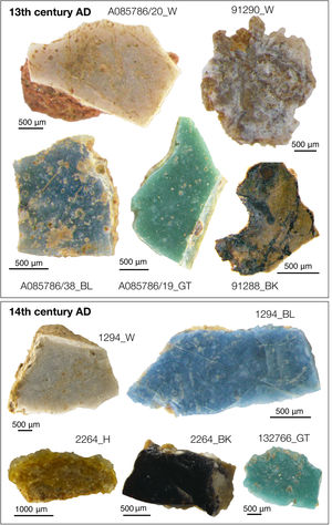 Stereomicroscope images of some representative studied architectural glazed ceramics.
