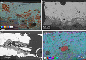 Green-turquoise glaze. (a) X-ray map of 121708_GT showing wollastonite precipitates in brown-red. (b) BSE image of A08578619_GT exhibiting K–Pb feldspar crystals in the interface, (c) BSE image of 132766_GT displaying intense weathering, (d) X-ray map of 2264_GT showing rounded quartz (red), cassiterite (pink) and wollastonite (bluish) precipitates.