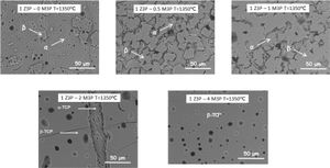 SEM micrographs, after chemically etching with acetic acid, of selected ternary composition belonging to the Ca3(PO4)2–Mg3(PO4)2–Zn3(PO4)2 system treated at 1350°C. (1−X(Ca3(PO4)2–XMg3(PO4)2–1.0Zn3(PO4)2; X=0, 0.5, 1.0, 2.0 and 4.0mole%).