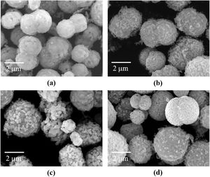 FESEM images of ZnMn2O4 at different Co concentrations: (a) ZMO-0Co, (b) ZMO-0.15Co, (c) ZMO-0.3Co, and (d) ZMO-0.45Co.