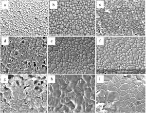 SEM micrographs of sintered samples 0mol% Zn-TCP (a: 1100°C; b: 1200°C; c: 1300°C); 3mol% Zn-TCP (d: 1100°C; e: 1200°C; f: 1300°C) and 5mol% Zn-TCP (g: 1100°C; h: 1200°C; i: 1300°C).