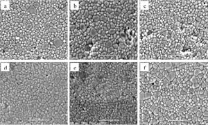 Micrographs of composites 90%HAp–10%(TCP-xZn a: x=0mol%; b: x=3mol%; c: x=5mol%) and 80%HAp–20%(TCP-xZn d: x=0mol%; b: e=3mol%; f: x=5mol%).