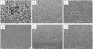 Micrographs of composites (90%(TCP–xZn a: x=0mol%; b: x=3mol%; c: x=5mol%)–10%HAp) and (80%(TCP–xZn d: x=0mol%; e=3mol%; f: x=5mol%)–20%HAp) sintered at 1200°C.