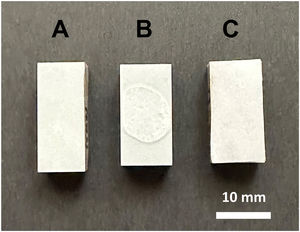 Chemically attacked porcelain tiles with the glass coating thermally treated at 875°C/4h. The glass coatings were more exposed to hydrochloric acid attack (A) and less sensitive to the citric acid (B) and the alkaline one (C).