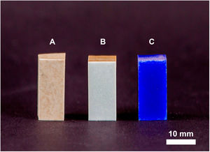 Glass coatings on porcelain tile. (A) Aspect of the uncoated porcelain tile, (B) coating under a heat treatment of 875°C/2h, and (C) coating with the glass doped with cobalt oxide and under the same heat treatment (875°C/2h).