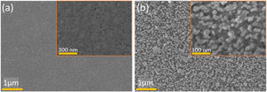 SEM images of WO3 (a) and ZnO (b) thin films coated on the FTO glass substrates.