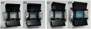 Photographic images of bleached and tinted states of C-CE (a, b) and ZnO-CE (c, d) based ECDs.