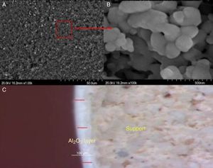 FESEM (a and b) and optical microscope (c) images of the alumina deposited layer.