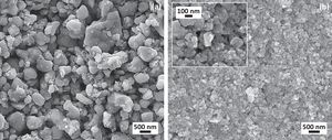SEM micrographs of the (a) MICRO and (b) NANO ferrite starting powders.