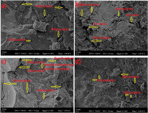 SEM images after 50 cycles for samples: (a) at 60°C for 24h, (b) at 80°C for 24h, (c) at 60°C for 72h, and (d) at 80°C for 72h.