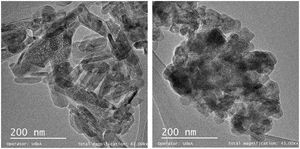 TEM images of synthetized hydroxyapatite powders. (a) HA, Rod-like particles, (b) C4, Equidimensional particles.