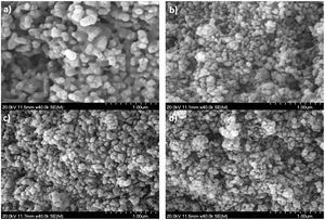 FE-SEM micrographs of Au coated fracture surfaces of sintered specimens (Table 5) tested in uniaxial compression. Similar high levels of open porosity are observed in all micrographs. (a) HA-T, (b) C2-T, (c) C3-T, (d) C4-T.
