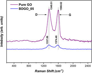 Raman spectra of pure GO and BDGO_05 at 28 days.