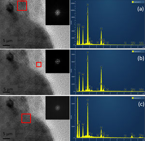 TEM micrographs of the pulverized SBG-0.5%Ta, the selected area for the FFT pattern (insert) is shown, and the three crystalline phases identified were (a) combeite (Na6Ca3Si6 O18), (b) silicorhenanite (Na2Ca4(PO4)2SiO4), and (c) sodium tantalum phosphate NaTa(PO4)2.