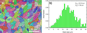Images of (a) EBSD map and (b) grain size distribution of sample sintered using SPS.