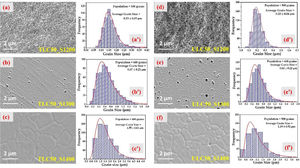 (a–c) FESEM micrographs and (aʹ–cʹ) grain size histograms of TLC50 ceramics sintered at 1200, 1300 and 1400°C. (d–f) FESEM micrographs and (dʹ–fʹ) grain size histograms of ULC50 ceramics sintered at 1200, 1300 and 1400°C.