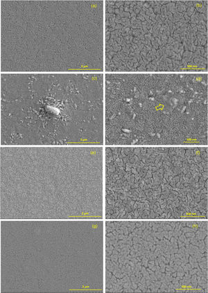 Top-view FESEM images corresponding to BiT (a and b), BiT-ex (c and d), BiT-NN (e and f) and BiT-NN-ex (g and h). The amorphous phase, resulting from the liquid phase formed during sintering, has been highlighted with an arrow.