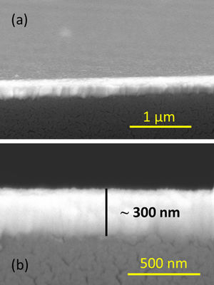 Cross-sectional FESEM micrographs of (a) BiT and (b) BiT-NN thin film samples.