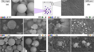 FE-SEM micrographs of the evolution of TiO2 morphology before (a) and after contacting with LDPE under no radiation in air (c), N2 (d) and Ar (f) atmospheres. (e) TiO2 after contacting with LDPE under UVA light in air atmosphere. LDPE before (b) and after contacting TiO2 under no radiation in air (g), N2 (h) and Ar (j) atmospheres. (i) LDPE after contacting with TiO2 under UVA light in air atmosphere.