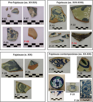 Fotografías de algunas de las muestras seleccionadas para este estudio. Los letreros en rojo indican que se trata de una cerámica común. Escalas en cm.