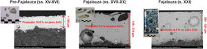 Micrografías de MEBEC de vidriados, promedio de SnO2 y de ZrO2, y espesor de la capa de vidriado en las muestras cerámicas.