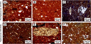 Micrografías de lámina delgada de muestras cerámicas, nícoles cruzados. A) Muestra F-07. B) Muestra F-09, común. C) Muestra F-05. D) Muestra F-13. E) Muestra F-20. F) Muestra F-21, común.